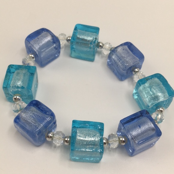 Jewelry - Blue silver artisan glass bracelet stretch